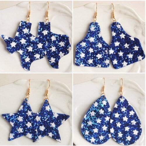 Paved Star Blue Glitter Leather Cow Cattle Ear Tag Earrings for Women Texas Map Earrings USA Independence Day Jewelry Collection