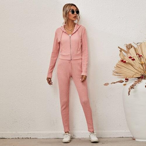 Spring Autumn WomenS Tracksuit Solid Color Striped Hoodie Sweater And Elastic Trousers Suits Knitted Two Piece Set