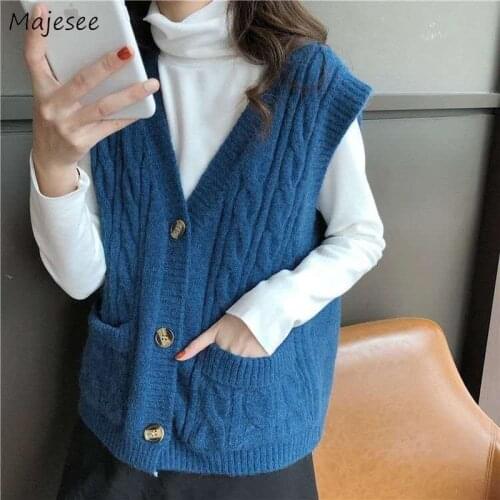 Sweaters Vest Women Autumn Plus Size 3XL Knitted V-neck Solid Single Breasted Elegant Ladies Korean Style Vintage Retro Female