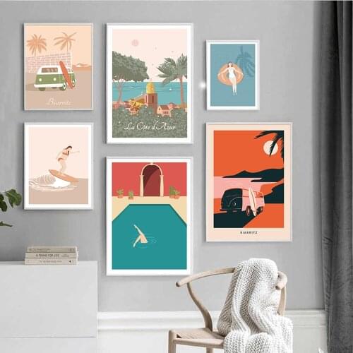 Surfing Exhibition Poster French Riviera Pregnant Woman Surfer Prints Beach Modern Canvas Painting Coastal Decor for Living Room