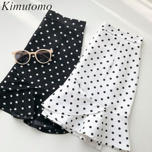 Kimutomo Dot High Waist Skirt Female New 2021 Summer Korean Chic Office Lady Ruffles Bodycon A-line Mini Skirt Casual Fashion
