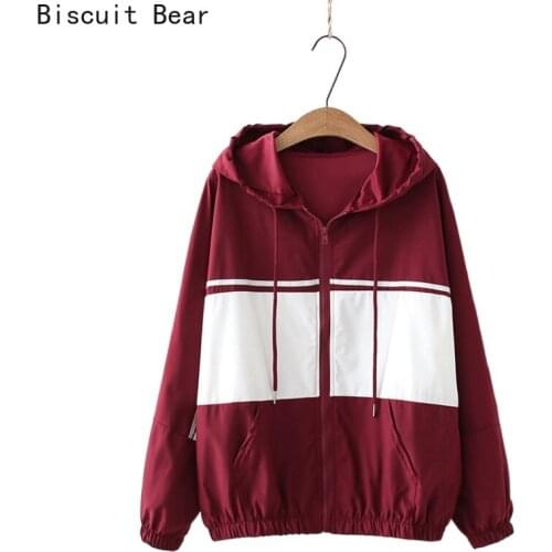 Vintage Stylish Letter Print Patchwork Jacket Coat Women 2021 Spring Fashion Long Sleeve Loose Hooded Outerwear Chic Zipper Tops