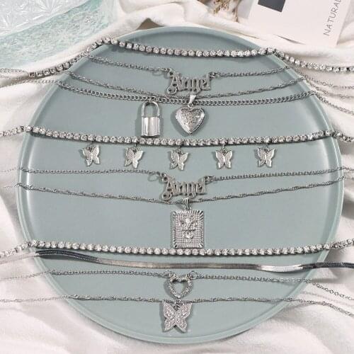 Flatfoosie Punk Multi-layer Angel Babygirl Letter Pendant Necklace for Women Butterfly Dragon Crystal Chain Necklace New Jewelry