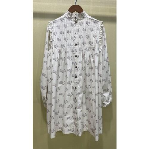 Squirrel Print Women Pleated Short Dress 2021 Autumn Frill Trim Collar Puff Sleeve Single-Breasted Ladies Loose Knee-Length Robe