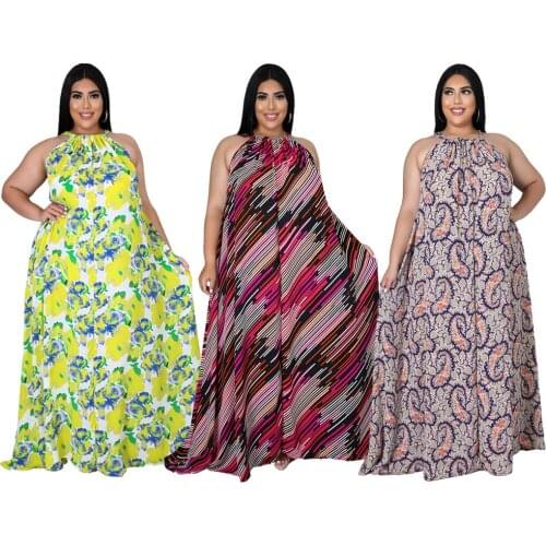 Womens Summer Halter Dresses Long Maxi Plus Size Beach Floral Printed Bohemian Dresses Ladies Off Shoulder Tunic Clothing