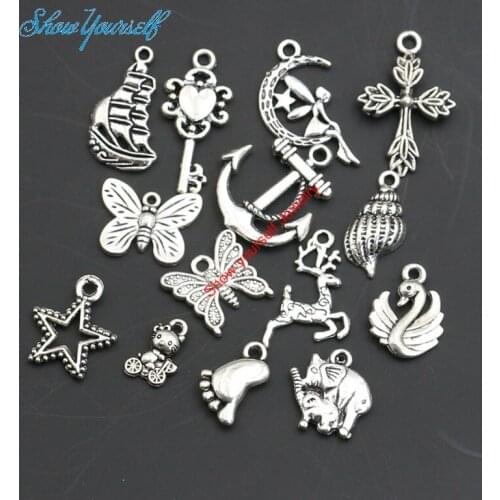 14pcs Mix Antique Silver Plated Cross Anchor Butterfly Angel Star Charms Pendants for Necklace Jewelry Making DIY Handmade Craft