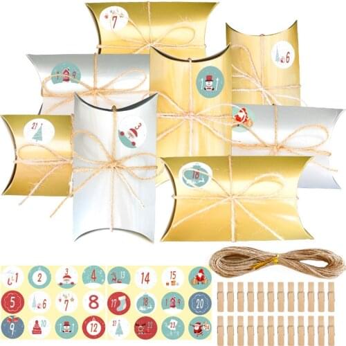 24sets Pillow Shape Candy Box Gift Box Kraft Paper Packaging Boxes With Sticker Rope Christmas Wedding Party Favor Xmas Supplies