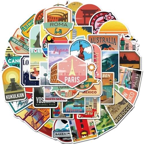 50PCS/set Global Travel City Landscape Stickers Decal Vinyl for Stationery Scrapbooking PS4 Skateboard Laptop Guitar Sticker