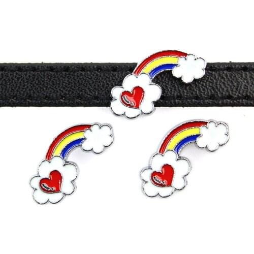 8mm Heart Clouds Rainbow Slide Charms Flat Hole Enamel Beads Keeper Fit 8mm Stainless Steel Mesh Bracelets DIY Jewelry Making