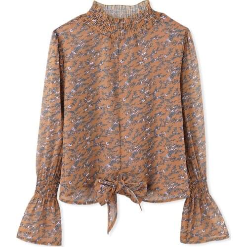 Ruffles Stand Collar Floral Print Blouse Women Top Female Flare Sleeve Chiffon Blusas Streetwear Fashion Long Sleeve Shirt