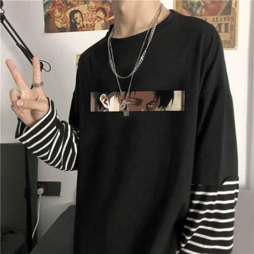 Attack On Titan Manga Eren Jäger Eyes Print Men T-shirt Fake Two Black And White Stripes Long Sleeve Women Fashion Summer Tshirt