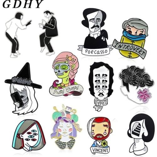 GDHY Edgar Allan Poe SELF RESCUING PRINCESS,INTROVERT,VINCENT Painter Portrait Superwoman Movie Sandy Danny Brooch Enamel Pins