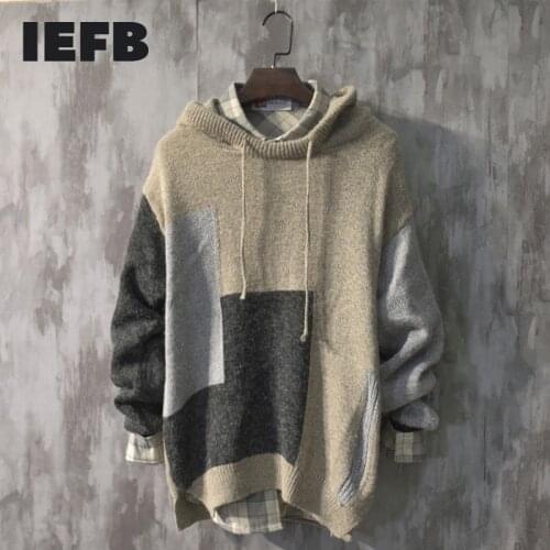IEFB /mens wear 2020 autumn witner fashion color block patchwork sweater loose large size knitted tops male hooded new 9Y3366