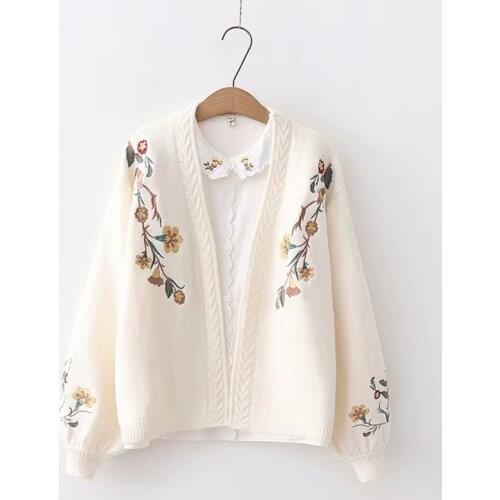 Women Sweet Cardigan 2020 Floral Embroide Korean Chic Knitted Sweater Coat Gilrs Cute Knit Jacket Streetwear Autumn Modis AA5608