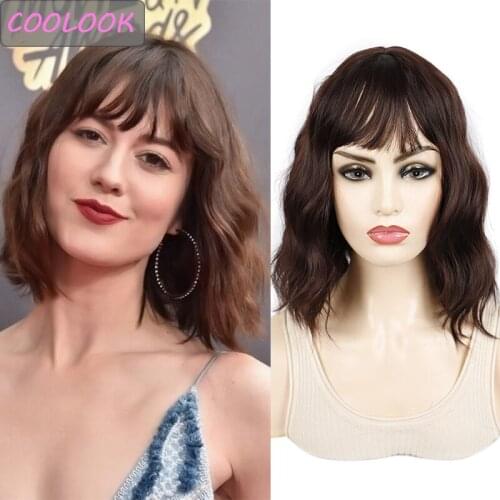Short Bob Wavy Wig with Air Bangs 12Inch Brown Curly Wavy Shoulder Length Lolita Wig Heat Resistant Water Wave Bob Wig for Women