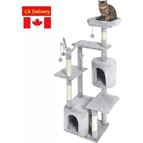 Faux Fur Cat Tree Cat Tower with Interactive Toy Light Gray Cat Scratching Post with Balls Multifunction Cat Toys 57inches
