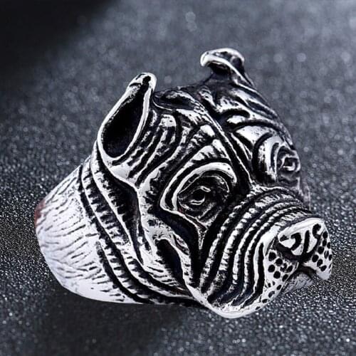 Stainless Steel Vintage Punk Pitbull Bulldog Ring Gothic Rock Mens Pet Dog Animal Rings Jewelry Boyfriend Birthday Gift