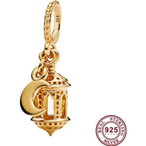 Original 925 Sterling Silver Charm Golden Arabian Lantern Moon Pendant Fit Pandora Women Bracelet & Necklace Diy Jewelry