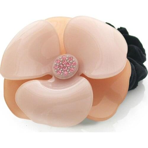 New Camellia Flower Ponytail Holders - Women Elastic French Design Hair Ties Rope - Rhinestone Hair Accessory for Thick Hair