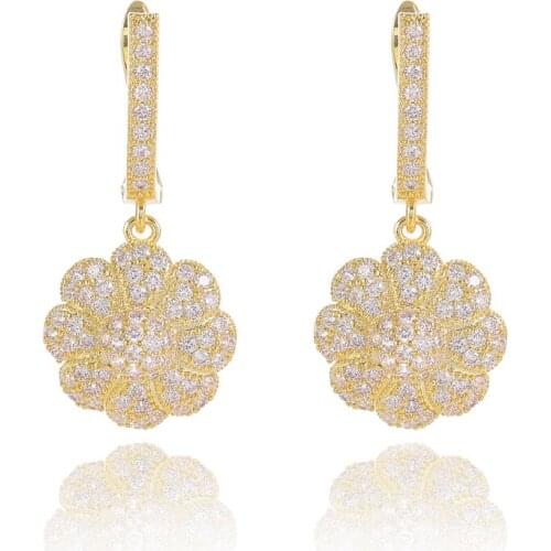 Gold Color Flowers Hoop Earrings for Women Pave CZ Cubic Zirconia Bride Wedding Jewelry Valentine Gift