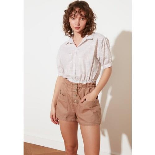 %100 Cotton Shorts Camel Petite Front Buttoned Denim Shorts Casual New Season Casual Shorts Size 34-42