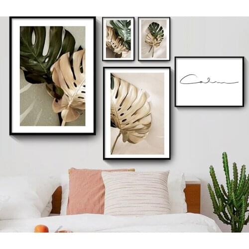 Nordic Golden Plant Green Leaves Canvas Painting Scandinavian Nature Landscape Poster Wall Art Pictures for Living Room Decor