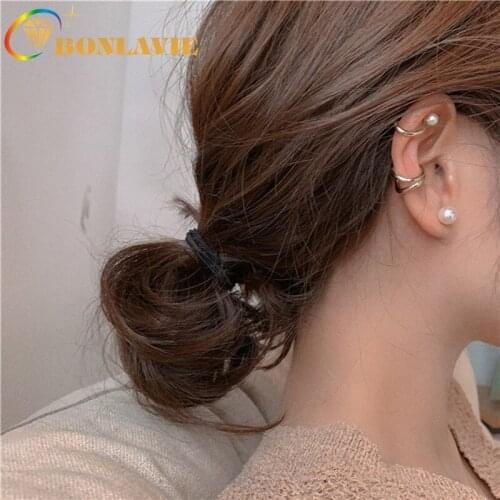 BONLAVIE Retro Pearl Ear Bone Clip Ear Nail Geometry No Ear Hole Adjustable Ear Clip Female Three Piece Set