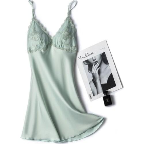 Green Women Flower Embroidery Spaghetti Strap Nightdress Summer Lace Trim Nightgown Sexy V-Neck Faux Silk Home Dress Sleepwear