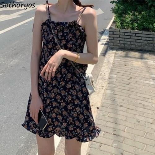 Sleeveless Dresses Women Leisure Sweet Ruffled Prairie Chic Straight Printed Dress Date Spaghetti Strap Mini Ladies Ulzzang Chic