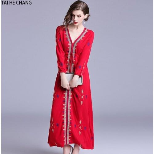 Women fashion designer autumn elegant vestidos slim bodycon bohemian vintage beach runway maxi long sleeve embroidery red dress