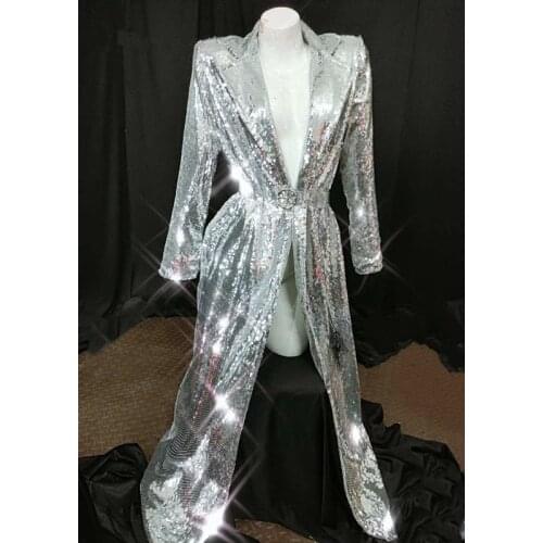 2020 Fashion Women Sequins Coat female singer DJ stage show Silver Jacket cloak strap ds Performance costume