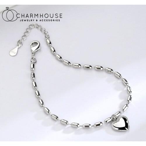 Charm Bracelet 925 Silver Bead Chain Heart Tag Cuff Bracelet & Bangles Wristband Pulseira Femme New Korea Jewelry Accesorie Gift