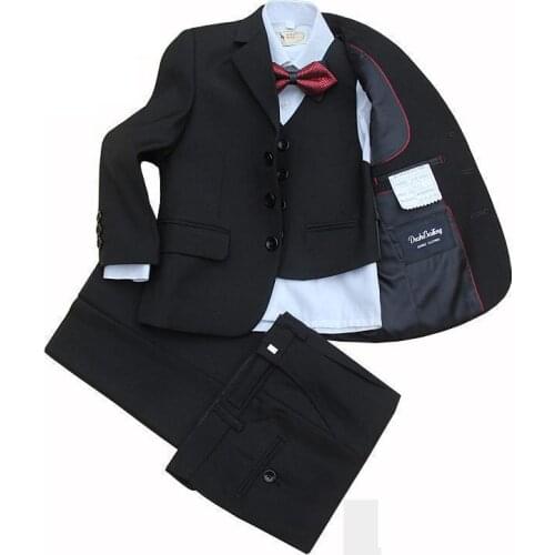 Big Boys Suit Children Black set Dress Suit wedding Costume Formal 5Pieces jacket +vest+pants+bow tie+shirts size 2-12year