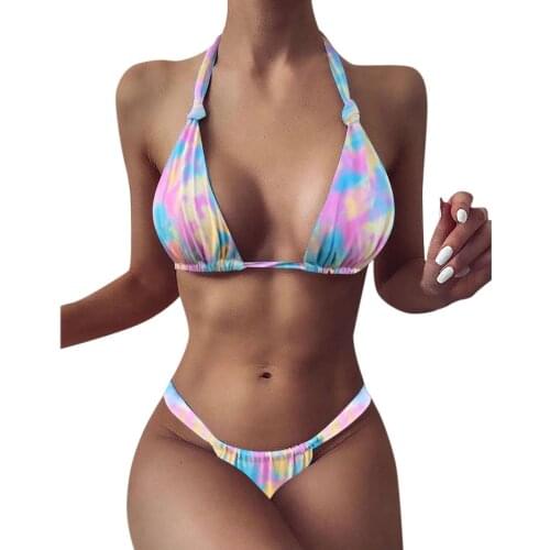 Tie Dye Bikini Push Up Swimsuit Sexy Women Halter Bikini Set 2021 Brazilian Thong Bathing Suit Summer Beach Wear Swimwear #T4G