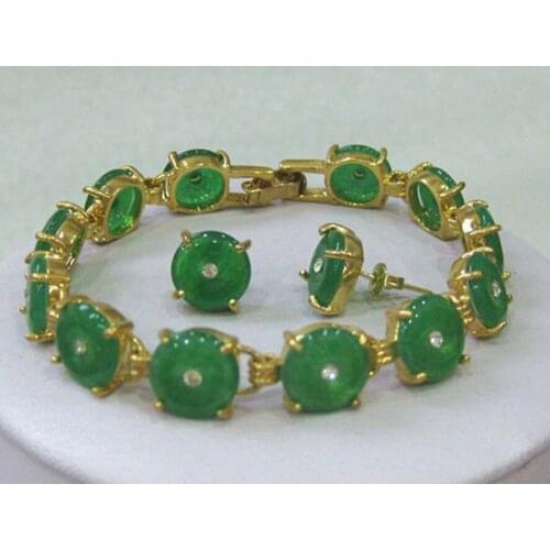 Fashion jewelry Natural Green Jade bracelet earrings set 7.5" AAAASDW
