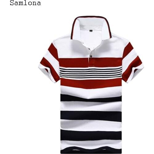 Samlona Men Striped Cotton Lapel Slim Polo Shirt 2020 Summer Youth Short Sleeve Shirt Breathable Casual Polos Mens Shirt