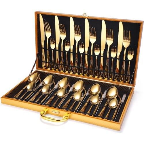 42 Pieces Dinnerware Set Stainless Steel Knife Fork Spoon Tableware Sets Wooden Box Flatware Set Zero Waste Kitchen Device Sets