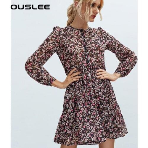 OUSLEE Vintage Floral Print Dress Women Long Sleeve Casual Ruffle Bow Tie Dresses Female Boho Style Beach Sundress Vestido Mujer