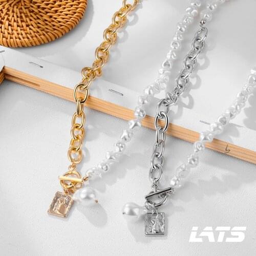 LATS Punk Baroque Irregular Pearl Necklace For Women Asymmetric Lock Chain Choker Portrait Pendant Necklaces 2021 Trend Jewelry