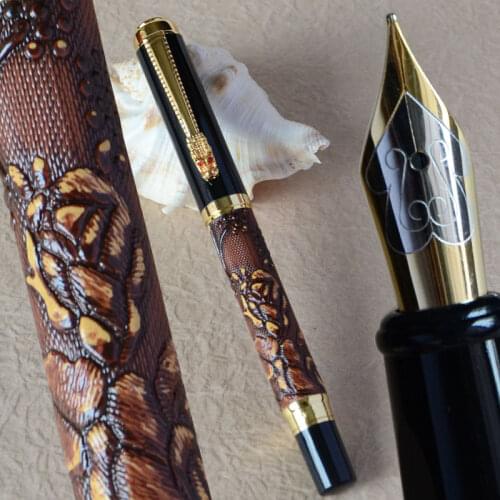 FOUNTAIN PEN DIKAWEN 891 BROWN AND GOLDEN MEDIUM NIB DRAGON CLIP FLOWER