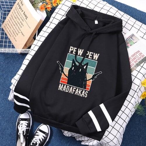 Pew Pew Madafakas Cute Cat Print Women Hooded Comfort Leisure Hoodies Hip Hop Gothic Hoodie 2021 Spring Woman Patchwork Hoody