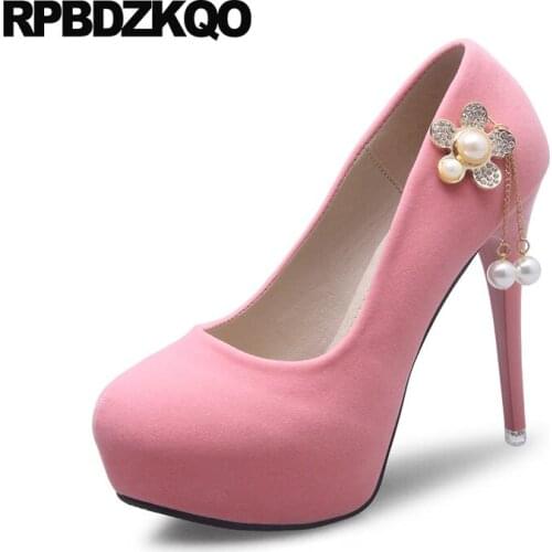 Pink Flower Super Pearl Stiletto Sweet Suede Pumps Ultra 12cm 5 Inch Ladies Cheap Red High Heels Shoes Bridal Round Toe Crystal