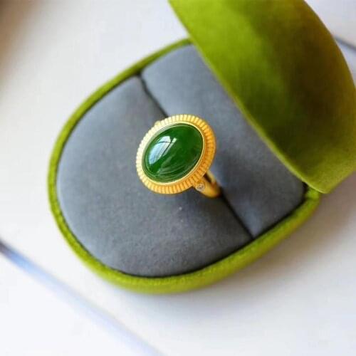 Silver inlaid natural Hetian jasper oval opening adjustable ring Chinese retro palace style charm womens brand jewelry