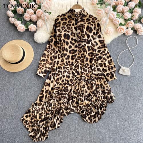 Chiffon Dress Women Eearly Autumn 2021 Designer Leopard Print Pleated Ruffled Irregular Dress Woman Vintage Llong Ssleeves Dress