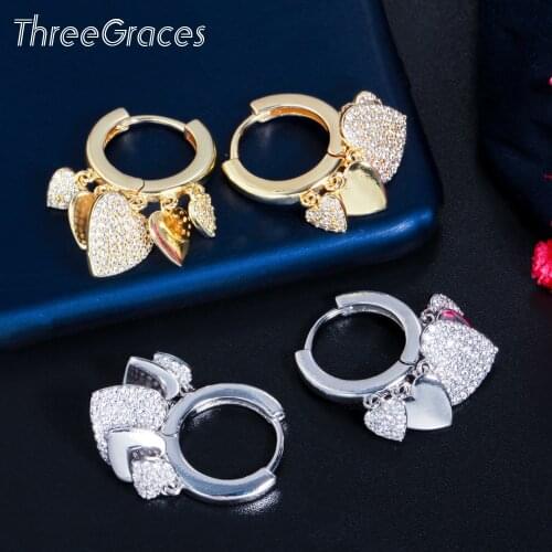 ThreeGraces Korean Fashion CZ Crystal Cute Hanging Love Heart Charm Hoop Earrings for Ladies Gold Silver Color Jewelry ER614