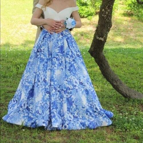 Evening Dresses Long 2020 Two Pieces Evening Gown Blue Printed Party Gown Custom made Off the Shoulder Evening Dresses