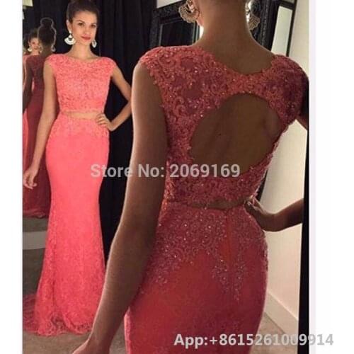 Two Piece Evening Dresses Mermaid Appliques Lace Formal Party Gowns Sheer Evening Party Gowns Beading Vestido De Festa