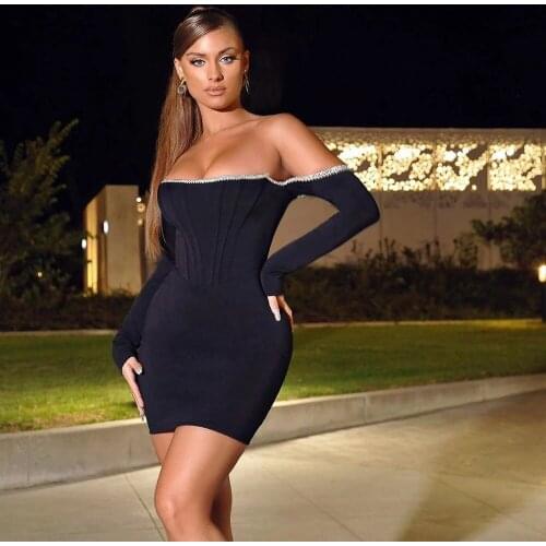 New Bandage Dress Slashes Sleeve Sexy Women Dress Party Club Elegant Celebrity Bodycon Beading Autumn Clothes