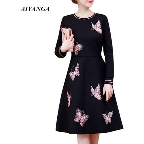 L-5XL Butterfly Embroidery Dress For Women 2019 Spring Long Sleeve Dresses O Neck Slim Plus Size A-Line Dress Female Black