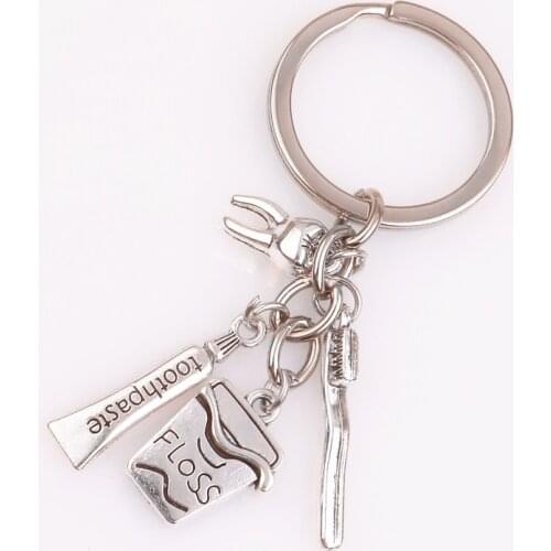 1Pc Vintage Tooth Pendant Keyring Toothbrush Toothpaste Keychain Finding Dentist Gift Jewelry Wholeasale